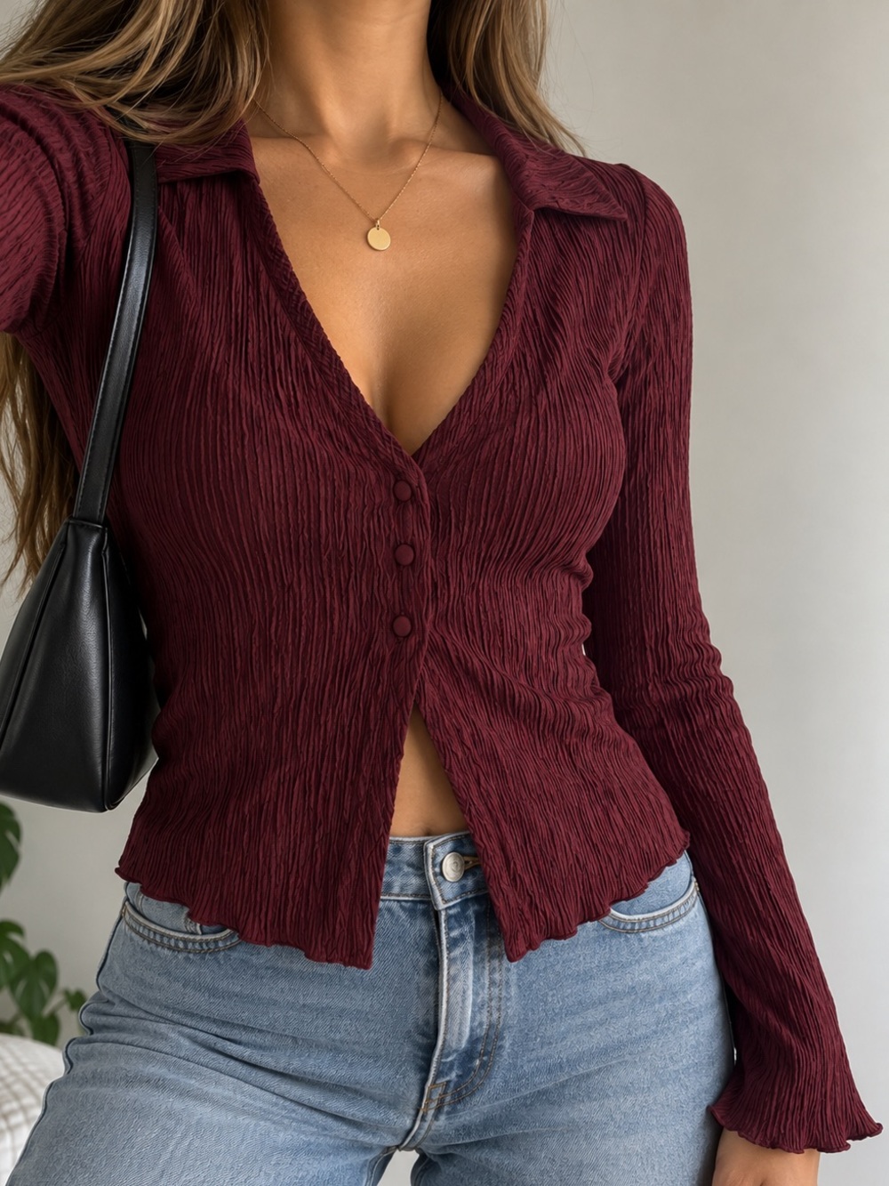 SHEIN Burgundy Crinkle Button-Front Long Sleeve Top